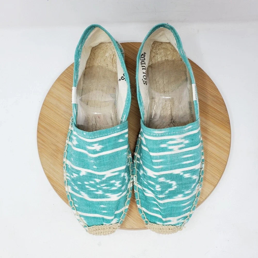 Soludos Espadrilles Womens 8.5 Blue Green Canvas Shoes Southwest Print Turquoise